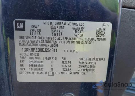 2012 GMC Acadia Slt-1 from USA, damaged, VIN 1GKKRRED0CJ261811
